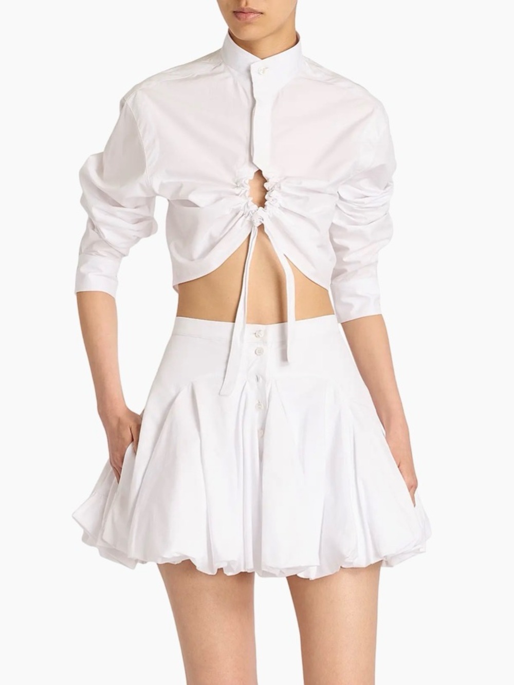 Alaia White Cropped Gather-Tie Button-Up Blouse